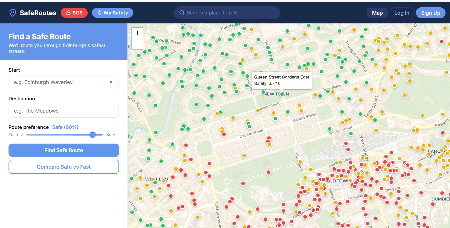 Strides map showing colour-coded safety ratings across Edinburgh streets