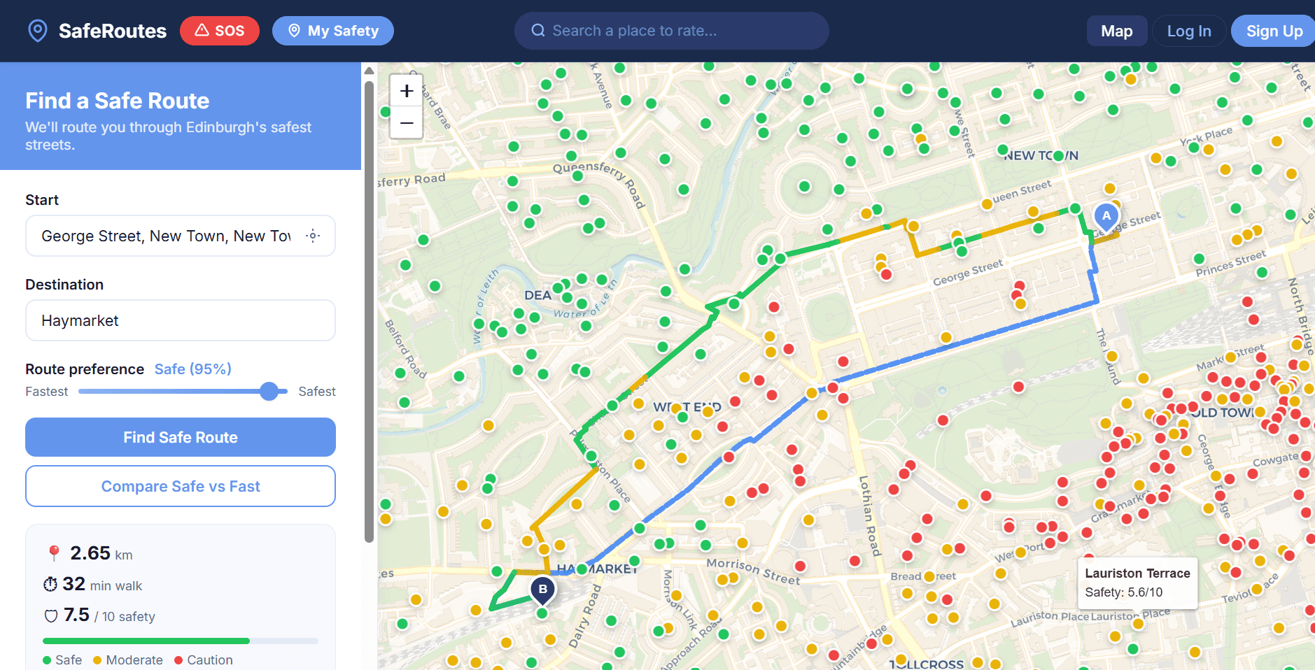 Strides route from George Street to Haymarket with a safety score